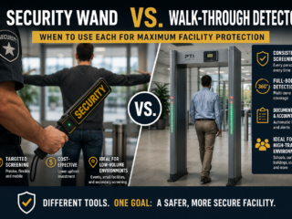 security wand, walk-through detector, facility security equipment, security screening devices, security checkpoint solutions, security wand versus walk-through detector, security screening technology, security checkpoint comparison, security measures for facilities, security detection methods