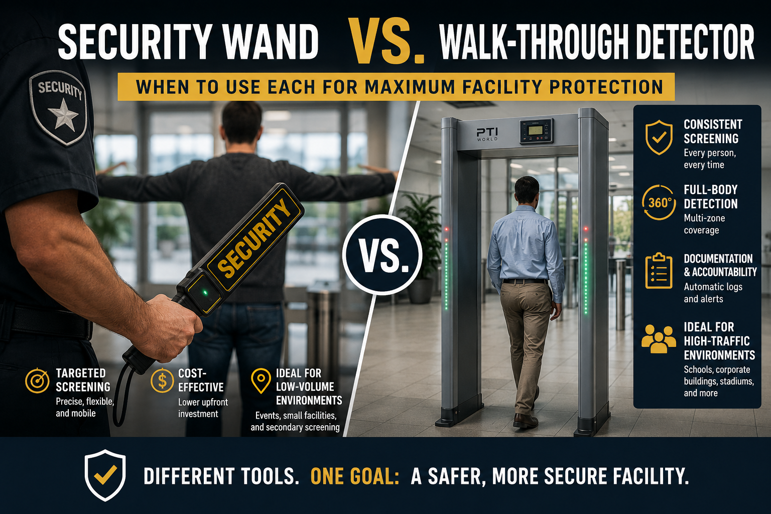 security wand, walk-through detector, facility security equipment, security screening devices, security checkpoint solutions, security wand versus walk-through detector, security screening technology, security checkpoint comparison, security measures for facilities, security detection methods